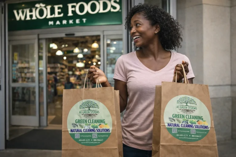 Happy customer with A1 Green Systems shopping bags at Whole Foods