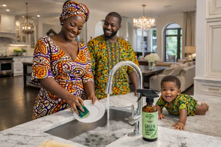 Family using Green Cleaning products in their kitchen