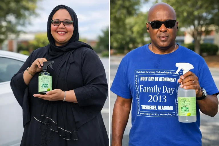 Happy customers holding cleaning products