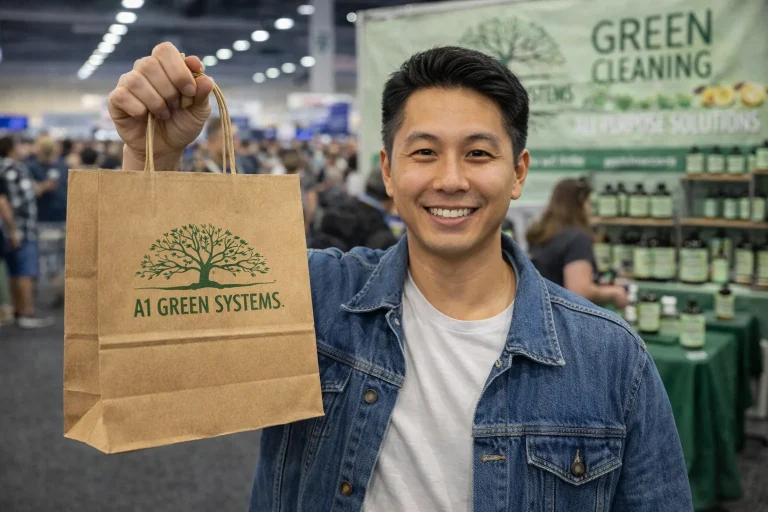 Smiling customer with A1 Green Systems bag
