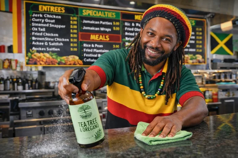Restaurant worker using Tea Tree & Oregano cleaner
